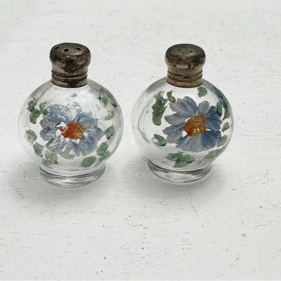 Vintage Depression Glass Salt Pepper Shaker Set with Stands Hand Painted Flowers - Picture 2 of 9